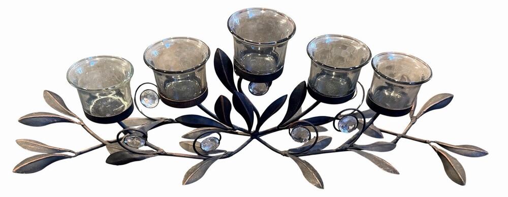 Decorative Black Metal Leaf Votive Candle Holder 5 Glass Cups Table Centerpiece